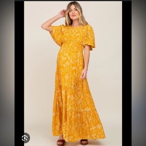 PinkBlush (in loom) Yellow Floral Flounce Sleeve Maternity Maxi Dress Large